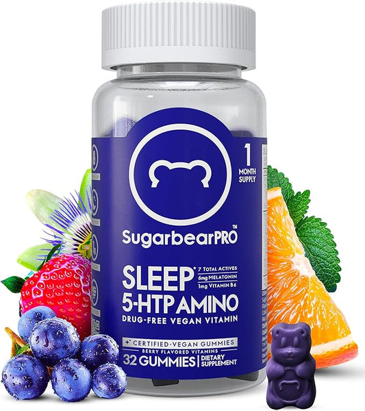 Sugarbear Sleep Gummy 1 Month Supply, Extra Strength Melatonin 6mg, for Men & Women, Vegan Vitamin B6, L-Theanine, 5 HTP, Valerian, Sleep Aid for Adults & Teens, Certified Kosher, Halal, Cruelty-Free
