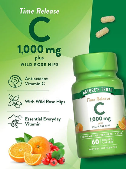 Nature's Truth Vitamin C 1000mg | 60 Caplets | with Wild Rose Hips | Vegan, Non-GMO & Gluten Free Supplement