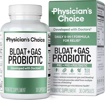 Physician's CHOICE Bloat & Gas Probiotic 5-in-1 Proactive Support + Daily Relief - Digestion & Gut Health- Herbals, Digestive Enzymes, Post & Prebiotics - Gas Relief for Adults - Women & Men - 30ct