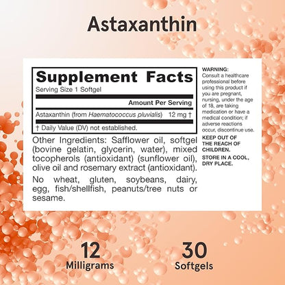 Jarrow Formulas® Astaxanthin 12 mg, Dietary Supplement, Antioxidant Support for Immune and Eye Health, 30 Softgels, 30 Day Supply