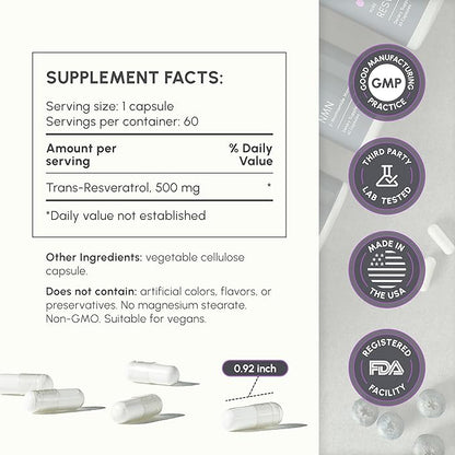 High Purity Trans Resveratrol Supplement 500mg - Each Capsule Exceeds 98% Purity - 3rd Party Tested - Vegan - Sirtuin Activating and Cell Protecting Supplement - 60 Capsules