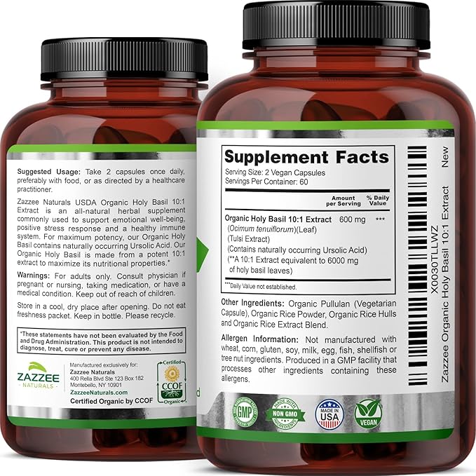 Zazzee USDA Organic Holy Basil 10:1 Extract, 6000 mg Strength, 120 Vegan Capsules, Concentrated and Standardized 10X Tulsi Extract, Ursolic Acid, 100% Certified Organic, Non-GMO