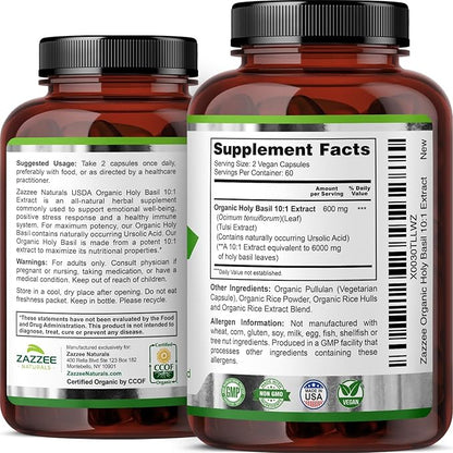 Zazzee USDA Organic Holy Basil 10:1 Extract, 6000 mg Strength, 120 Vegan Capsules, Concentrated and Standardized 10X Tulsi Extract, Ursolic Acid, 100% Certified Organic, Non-GMO