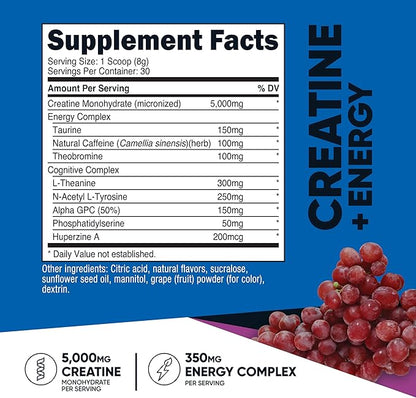 Nutricost Creatine + Energy 30 Servings (Grape Flavored) - 5,000mg Creatine Monohydrate + 350mg Energy Complex Per Serving
