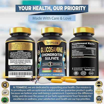 Glucosamine Chondroitin MSM Supplement for Men and Women - 4in1 Formula - Joint & Bone Health Support - 150 Capsules