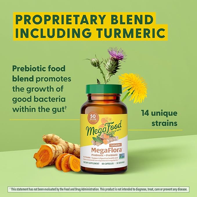 MegaFood MegaFlora Probiotic + Prebiotics + Turmeric Supplement - Probiotics for Women Digestive Health - 50 Billion CFUs - 14 Strains - Vegetarian - 60 Capsules (30 Servings)