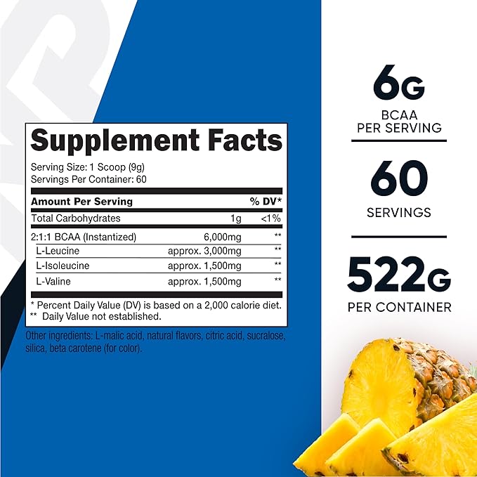Nutricost BCAA Powder (Pineapple, 60 Servings) - Optimal 2:1:1 Ratio