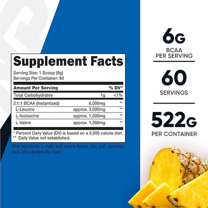 Nutricost BCAA Powder (Pineapple, 60 Servings) - Optimal 2:1:1 Ratio