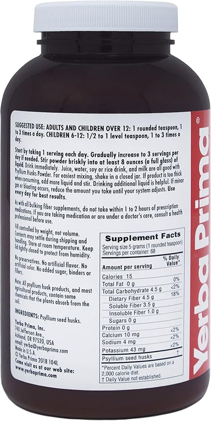 Yerba Prima Psyllium Husks Powder 12 oz - Natural Fiber Supplement - Colon Cleanser - Gut Health - Vegan, Non-GMO, Gluten-Free (New Label - Packaging May Vary)