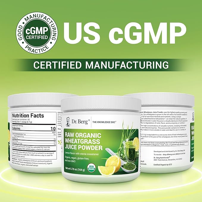 Dr. Berg USDA Certified Organic Green Powder Superfood (60 Servings) - Made with Raw Wheatgrass, Chlorophyll, Trace Minerals & Natural Enzymes - Non-GMO Green Superfood Powder - Lemon Flavor