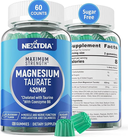 Magnesium Taurate 420mg + Vitamin B6 for Enhanced Absorption, Supporting Hēalthy Hēart, Zzzs, Relaxation, Nerve & Muscle Health – Vegan, Non-GMO, Gluten-Free, Sugar-Free, 60 Cts