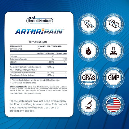 Arthripain – Joint Support Cartilage Repair Supplement – Clinically Tested Joint Juice - Ligament Relief Support – Glucosamine Chondroitin MSM – Swollen Knee Treatment –Sugar-Free – Made in US - 30ct