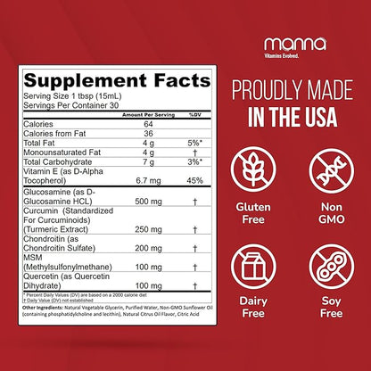 Manna Liposomal Joint Relief Supplement for Women & Men with Curcumin, Glucosamine, Chondroitin, MSM, Quercetin, Turmeric, for Joint Health, Swelling & Aches, Increase Range of Motion & Mobility