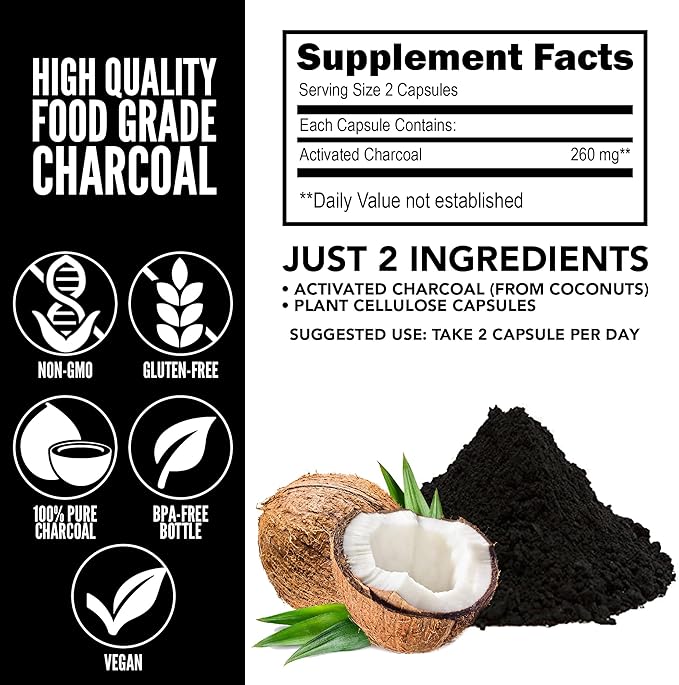 Yerba Prima Activated Coconut Charcoal, 60 Capsules - Natural Detox - Vegetarian, Vegan, Gluten Free, Non GMO