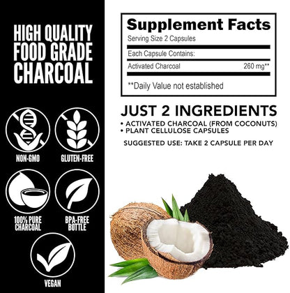 Yerba Prima Activated Coconut Charcoal, 60 Capsules - Natural Detox - Vegetarian, Vegan, Gluten Free, Non GMO