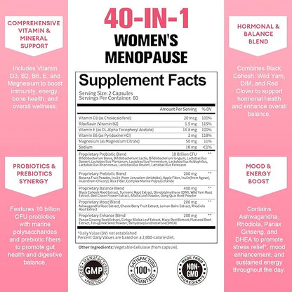 40-in-1 Menopause Supplements for Women, Multibenefit & Complete Black Cohosh for Hot Flashes, Night Sweats & Hormone Balance, w/ Probiotics, DIM, Vitex, Dong Quai, Red Clover and More, 120 Vegan Caps