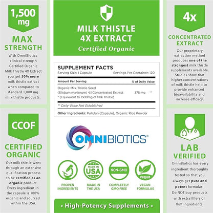 Organic Milk Thistle Supplement 1500mg 4X Concentrated Extract with Silymarin - The Strongest Milk Thistle Supplement Available for Liver Support - Great for Liver Detox - 120 Vegan Capsules