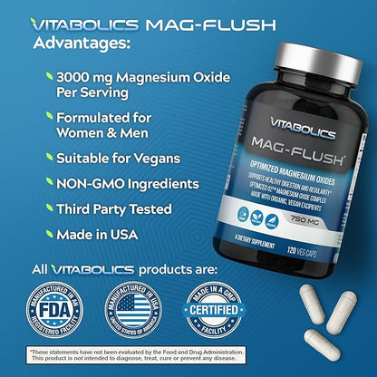 Mag Flush Magnesium Oxide Capsules 750mg 120 Vcaps - Oxygenated Magnesium Oxide Supplement for Constipation Relief, Colon Cleanse, Laxative and Digestion Support for Women and Men