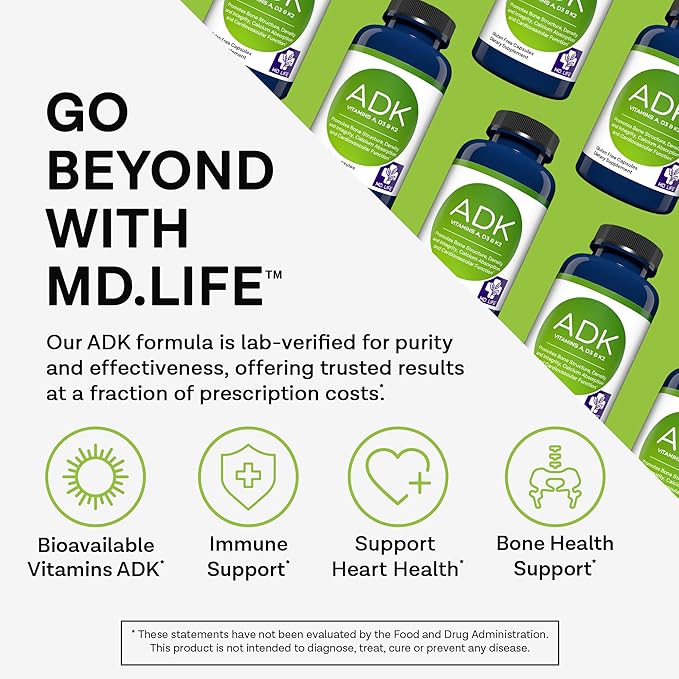 MD.LIFE A D K Vitamin Supplement - Vitamin D3 K2 and A - 120 Capsules - Bone Health and Heart Health Support – High Potency Vitamin ADK Supplement - ADK Complex