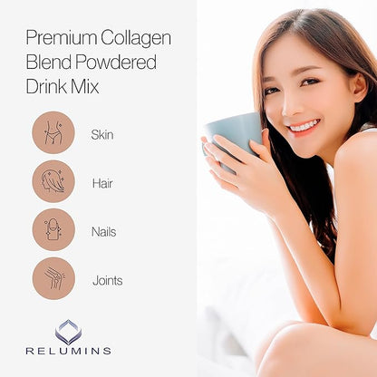 Relumins Marine Collagen Powder Drink Mix - Collagen Peptide with Glutathione, Green Tea, CoQ10, & Hyaluronic Acid Boosts Smooth Glowing Skin - 20 Powder Sachets x Vanilla Flavored + 2 Free Sachets