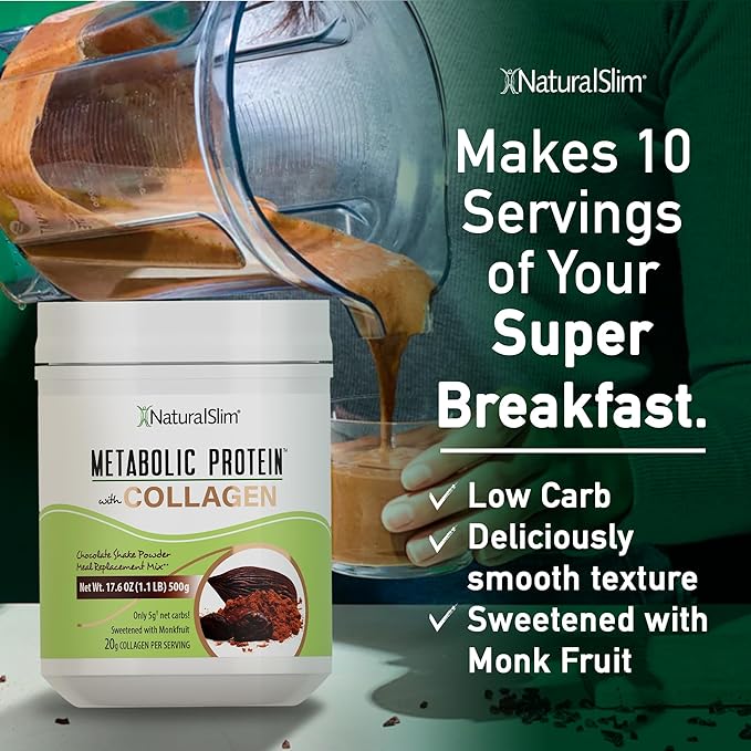 NaturalSlim Metabolic Protein Powder with Collagen Chocolate - Hydrolyzed Collagen Protein Powder for Hair, Skin, Bone, and Metabolism - Low Carb Meal Replacement Shake Mix - 17.6 oz