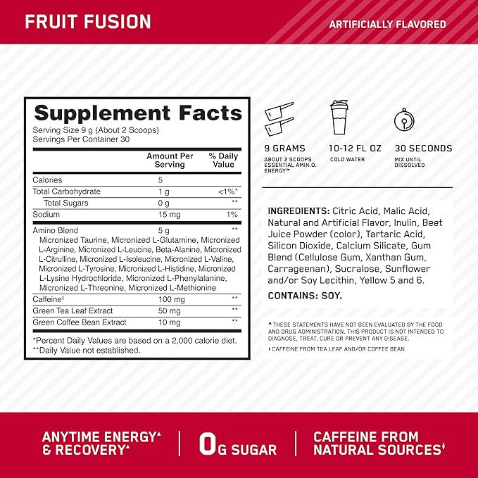 Optimum Nutrition Amino Energy - Pre Workout with Green Tea, BCAA, Amino Acids, Keto Friendly, Green Coffee Extract, Energy Powder - Fruit Fusion, 30 Servings (Packaging May Vary)