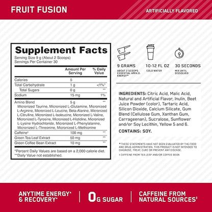 Optimum Nutrition Amino Energy - Pre Workout with Green Tea, BCAA, Amino Acids, Keto Friendly, Green Coffee Extract, Energy Powder - Fruit Fusion, 30 Servings (Packaging May Vary)