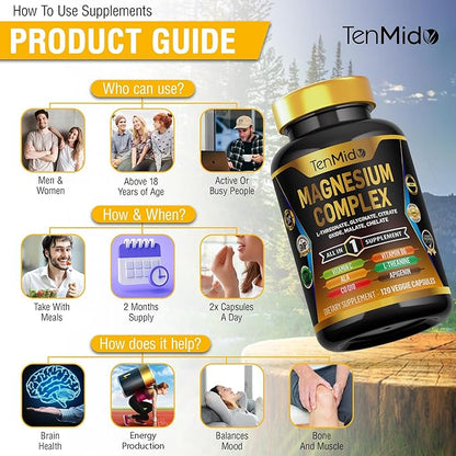 Magnesium Complex Supplement - 6 Types of Magnesium Glycinate, L-Threonate, Citrate, Oxide, Malate, Chelate - Combine with ALA, CoQ10, L-Theanine, Apigenin & More - 120 Capsules
