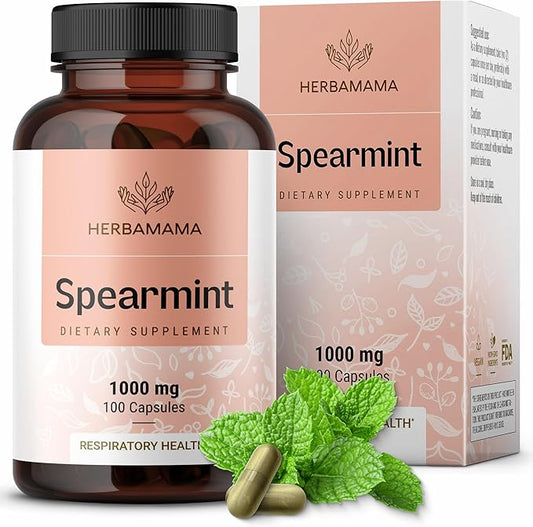HERBAMAMA Spearmint Leaf Capsules - 1000mg Spearmint Leaves for Gut Cleanse & Digestive Support - Vegan Non-GMO Mentha Spicata Supplement 100 Caps