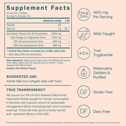 True Grace Omega-3 Fish Oil - 60 Softgels - 1400 mg EPA + DHA - Brain, Heart, Joint & Immune Health - Organic, Gluten Free, Soy Free