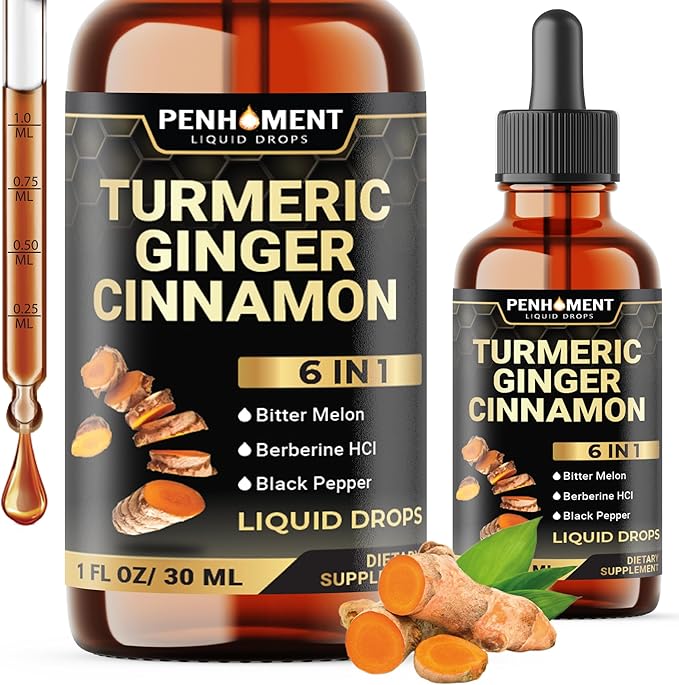 6in1 Liquid Turmeric Ceylon Cinnamon Berberine Ginger Bitter Melon & Black Pepper – Turmeric Supplement Drops for Digestive Health & Mobility – 1 FL OZ – 60 Servings
