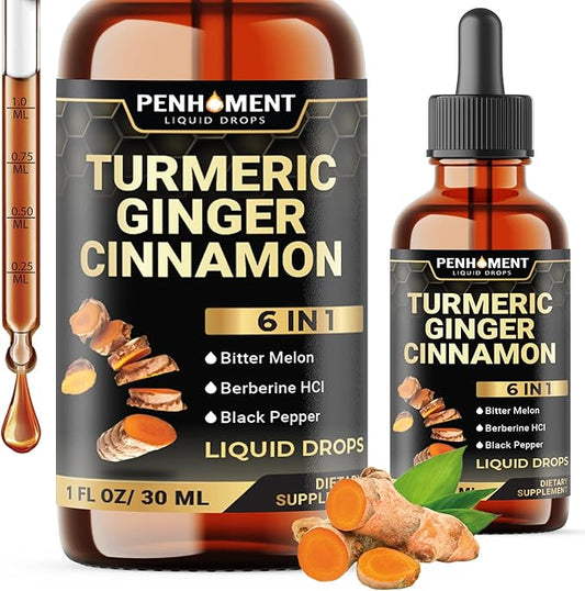 6in1 Liquid Turmeric Ceylon Cinnamon Berberine Ginger Bitter Melon & Black Pepper – Turmeric Supplement Drops for Digestive Health & Mobility – 1 FL OZ – 60 Servings
