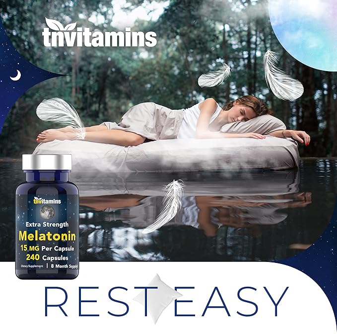 Melatonin 15 MG Per Capsule (240 Capsules) | All-Natural Sleeping Pills for Adults | Extra Strength Melatonin | Nighttime Sleep Aid | Natural Sleep Support Supplement