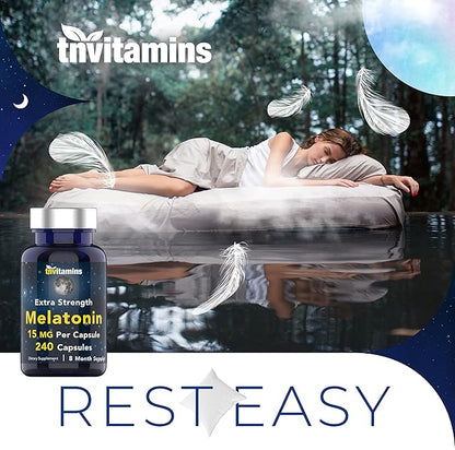 Melatonin 15 MG Per Capsule (240 Capsules) | All-Natural Sleeping Pills for Adults | Extra Strength Melatonin | Nighttime Sleep Aid | Natural Sleep Support Supplement