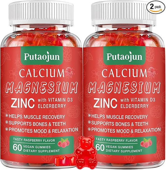 High Absorption Calcium Magnesium Zinc Gummies, Sugar Free Calcium Magnesium Zinc Supplement with D3 | Bone & Teeth Strength | Muscle & Nerve Function | Vegan | Raspberry Flavor | 2 Pack