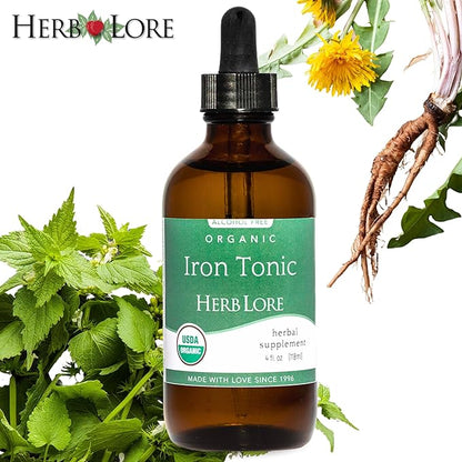 Herb Lore Iron Tonic - Organic Liquid Iron Drops Supplement for Kids & Women - Baby, Infant & Toddler Friendly - Plant Based, Vegan, Gentle, Non Constipating Herbal Tincture (4 fl oz)