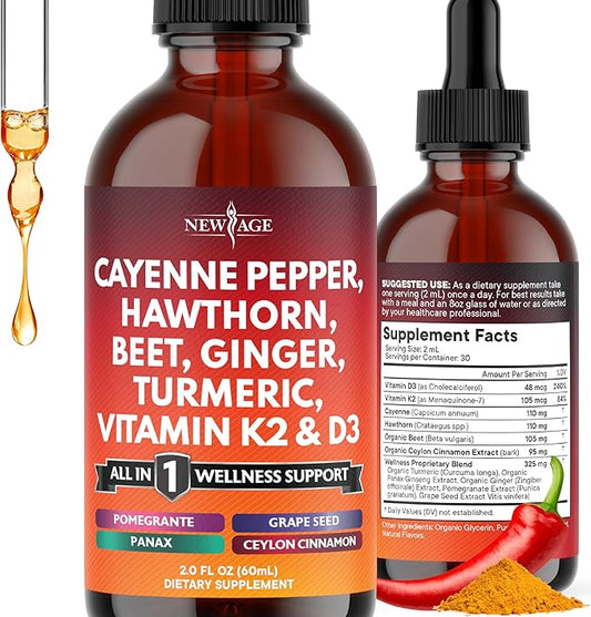 Cayenne Pepper Supplement Liquid Drops + Hawthorn Berry, Vitamin D3 K2 Beet Root Powder, Ceylon Cinnamon, Turmeric Curcumin, Organic Panax Ginseng - 2oz