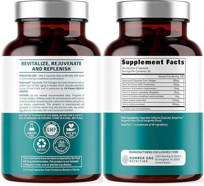 Premium Marine Collagen Dipeptides with Hyaluronic Acid, Vitamin C, Theaflavin and Copper, Collagen Supplement for Women and Men for Radiant Skin, Hair & Nails, Gluten Free and Non-GMO, 120 Veg Caps