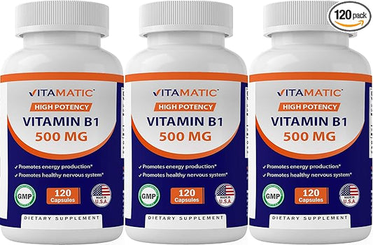 Vitamatic Vitamin B1 (Thiamine) 500mg – 3 Pack (360 Capsules Total)