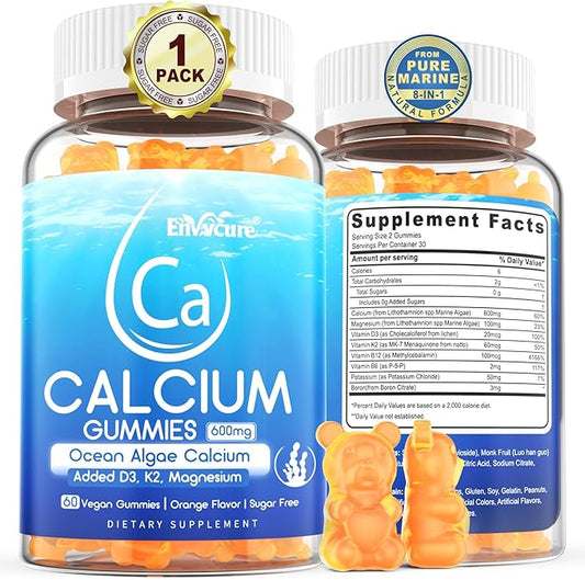 Sugar Free Calcium Gummies 600mg, Ocean Algae Calcium with Vitamin D3, K2, Magnesium, B6, B12, Organic Calcium Supplement for Bone Strength & Teeth Health, Orange Flavor, Vegan, 1 Pack