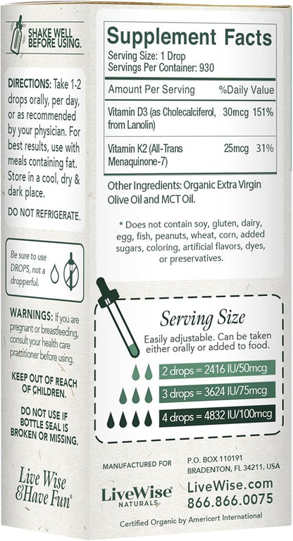 Vitamin D3 with K2 Liquid Drops, All Natural, Non-GMO, 1208iu D3 and 25mcg K2 (mk7) per Serving, Support Your Bones, Immune System and Energy Levels, with or Without Peppermint Oil