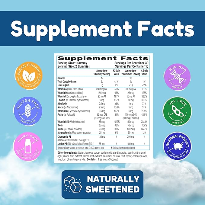 Dr. Klein's Naturally Calm Gummies for Kids - with Magnesium Glycinate, Linden & Vitamin A for Soothing Kids Ages 5+ - Vitamins to Aid Sleep - Chamomile Gummies - Calm Chews - Grape Sugar-Free 30ct