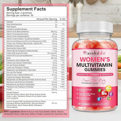Multivitamin for Women, Womens Multivitamin Gummy 60p, Boosts Healthy Bones Hair Skin and Nails, Boosts Immunity Energy, Strawberry Flavor