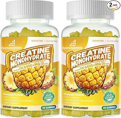 Creatine Monohydrate Gummies Complex for Men & Women -Advanced Formula W/L-Taurine + Vitamin B12, Sugar Free Chewable Supplement,180 Pineapple Gummies 2pack