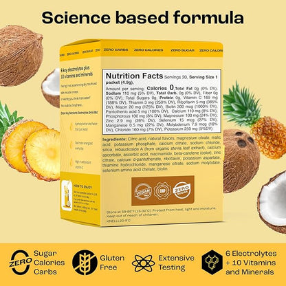 KEY NUTRIENTS Electrolytes Powder Packets - Tropical Pineapple Coconut 20 Pack Hydration Packets - Travel Hydration Powder - No Sugar, No Calories, Gluten Free Keto Electrolytes Powder - Made in USA