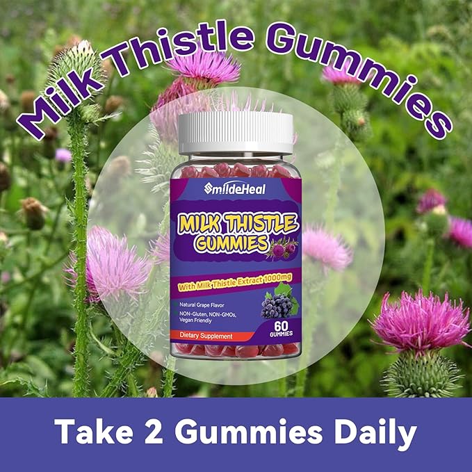 Milk Thistle Gummies, Milk Thistle Extract 1000mg, Liver Detox, Antioxidant Support, Non-GMOs, Non-Gluten, Vegan, Milk Thistle Supplement, 60 Count