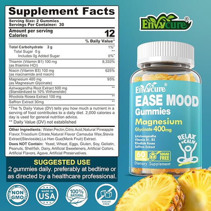 Sugar Free Magnesium Glycinate Gummies 400mg with Ashwagandha, B1, B3, Rhodiola Rosea & Saffron for Support Rest, Mood & Energy Calm Magnesium Gummies for Adults, Chewable Magnesium Supplement, 60Ct