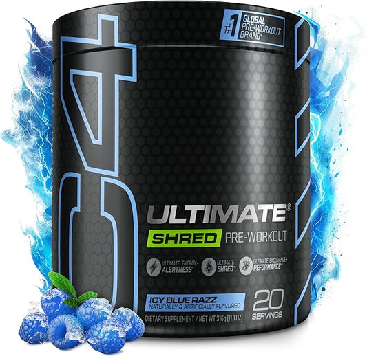 Cellucor C4 Ultimate Shred Pre Workout Powder for Men & Women, Metabolism Supplement with Ginger Root Extract, ICY Blue Razz, 20 Servings (Pack of 1)