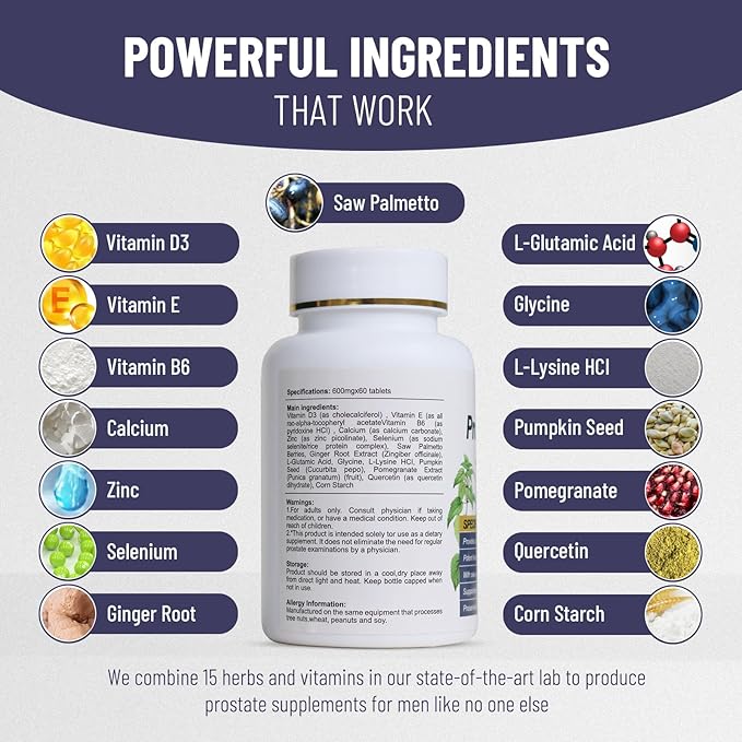 Prostate Pills, 600mg Male Saw Palmetto Prostate Supplements, Support Better Sleep and Urinary Health, 60 Tablets