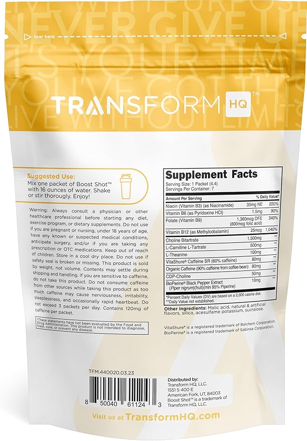 TransformHQ Boost Shot Powder Drink Stick Packets, Pina Colada, 7 Pack, Energy Supplements for Women & Men, with Caffeine, Vitamin B12, B9, B6 & B3